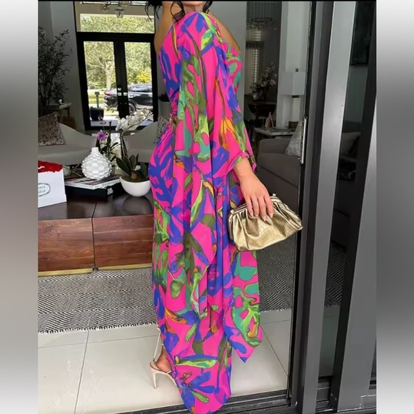 Multicolour One Shoulder Tropical Print Maxi Dress Size XXL - Picture 3 of 14